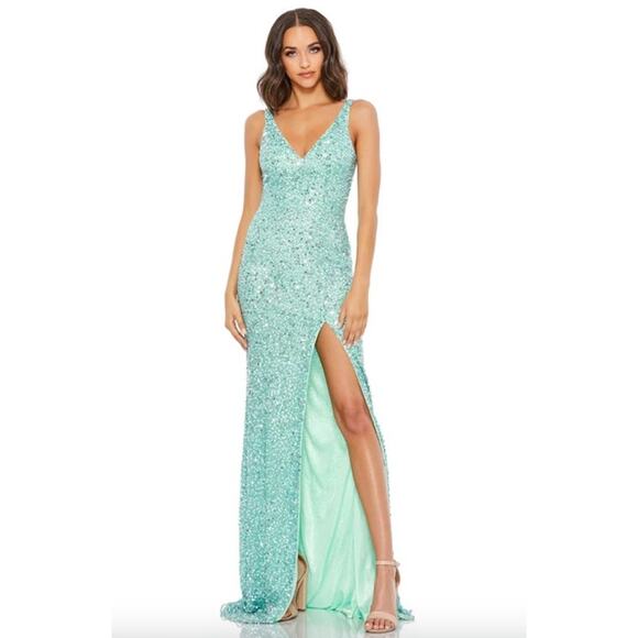 MAC DUGGAL Dress Size 12 Evening Gown Sequin Seafoam Green NEW Slit V Neck - Picture 8 of 8